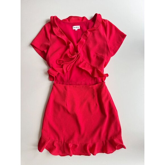 SUPERDOWN Mia Red Crepe Ruffle Cut-Out Waist Tie Mini Dress, Size S - Picture 4 of 12
